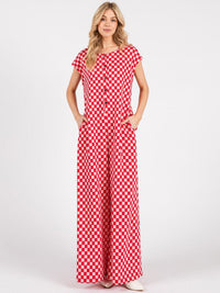 WOMEN'S SHORT SLEEVE FRONT POCKETS CHECKER PRINT WIDE LEG JUMPSUIT