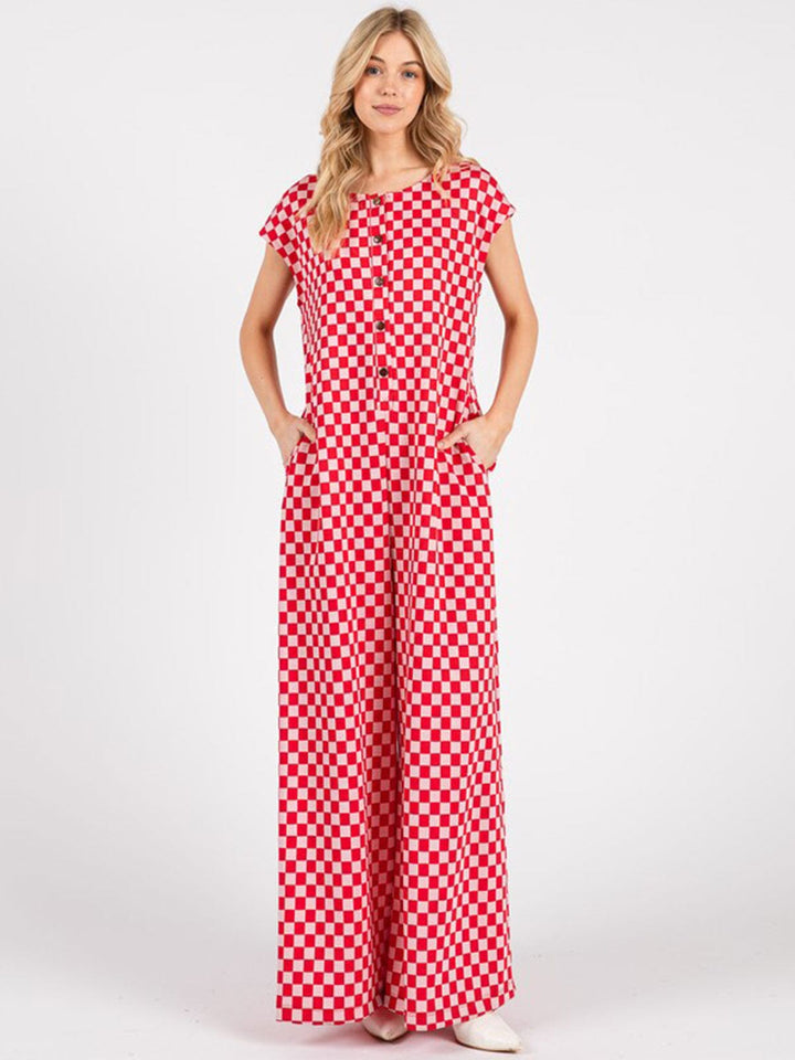 WOMEN'S SHORT SLEEVE FRONT POCKETS CHECKER PRINT WIDE LEG JUMPSUIT