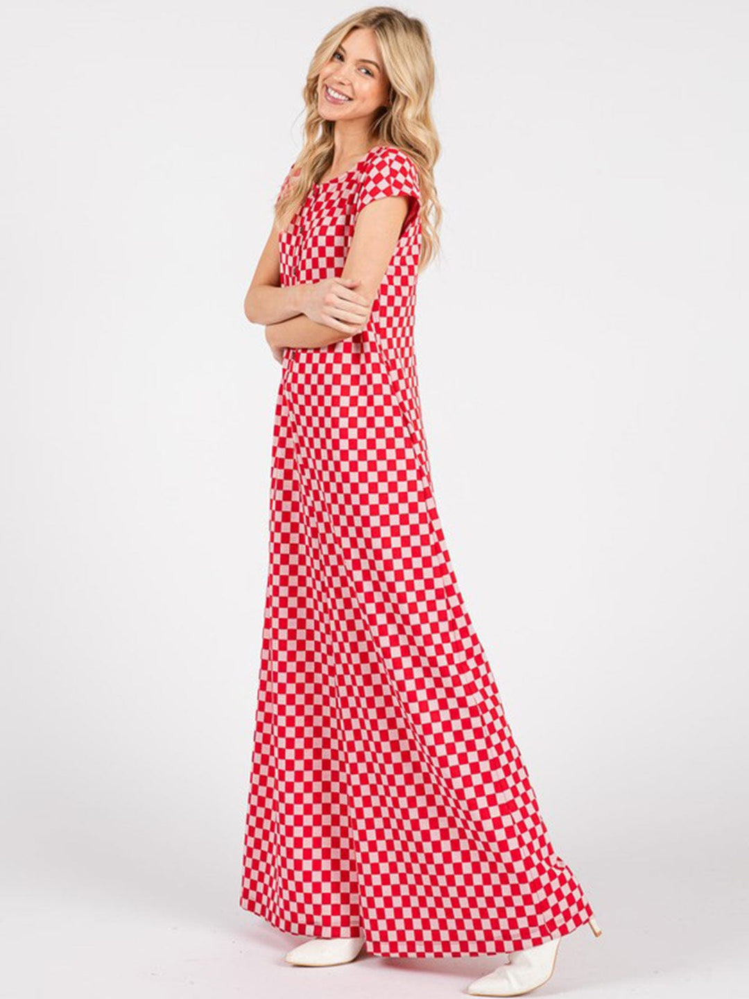 WOMEN'S SHORT SLEEVE FRONT POCKETS CHECKER PRINT WIDE LEG JUMPSUIT