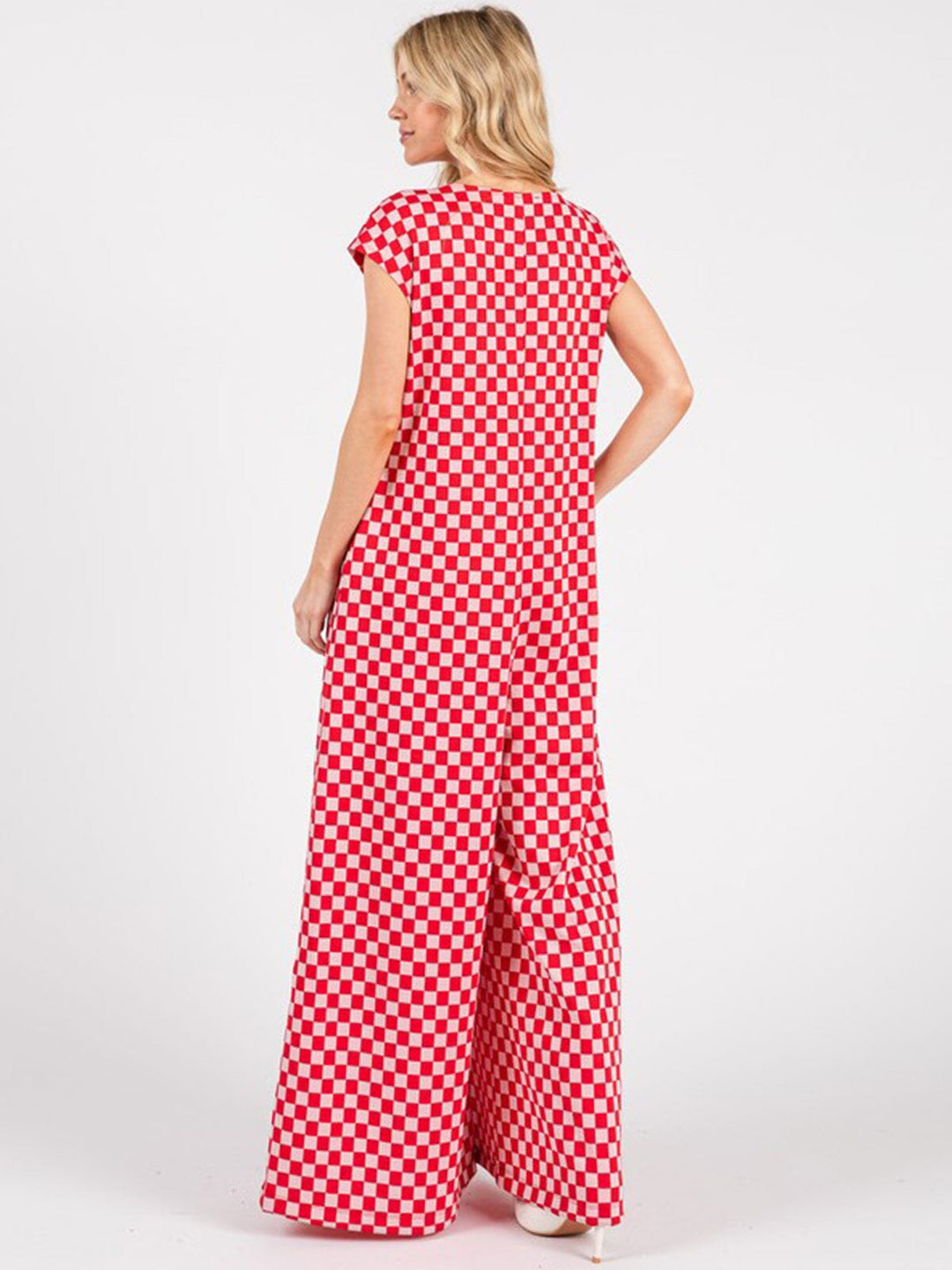 WOMEN'S SHORT SLEEVE FRONT POCKETS CHECKER PRINT WIDE LEG JUMPSUIT