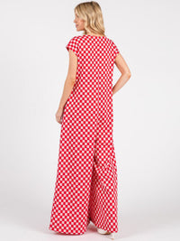 WOMEN'S SHORT SLEEVE FRONT POCKETS CHECKER PRINT WIDE LEG JUMPSUIT