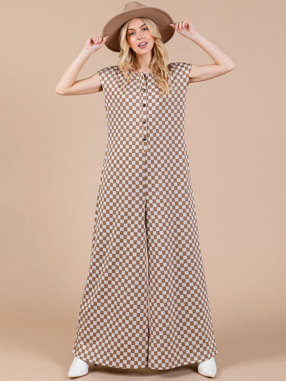WOMEN'S SHORT SLEEVE FRONT POCKETS CHECKER PRINT WIDE LEG JUMPSUIT