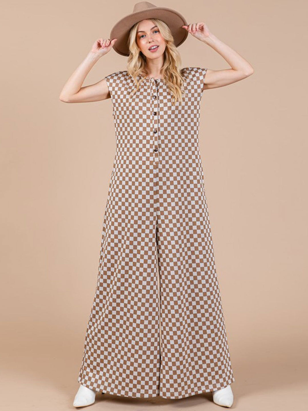 WOMEN'S SHORT SLEEVE FRONT POCKETS CHECKER PRINT WIDE LEG JUMPSUIT