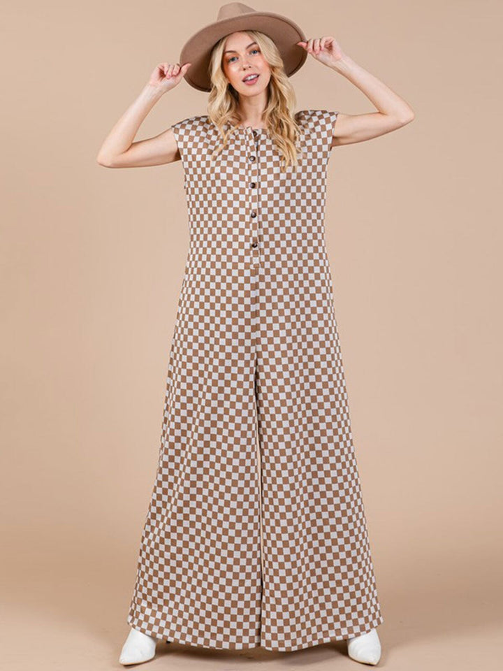 WOMEN'S SHORT SLEEVE FRONT POCKETS CHECKER PRINT WIDE LEG JUMPSUIT