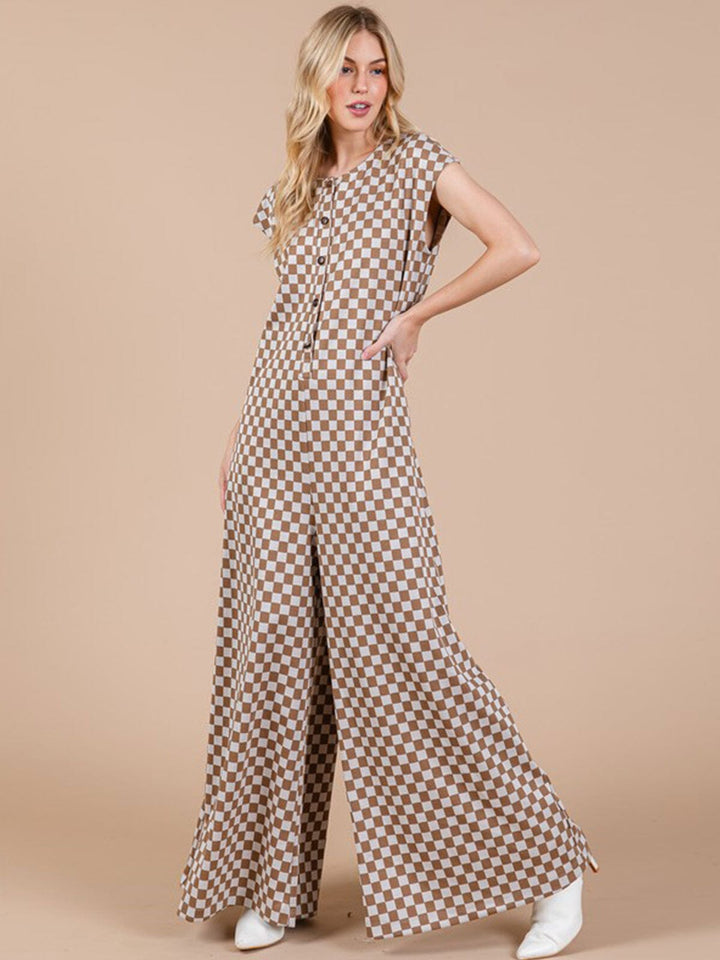 WOMEN'S SHORT SLEEVE FRONT POCKETS CHECKER PRINT WIDE LEG JUMPSUIT