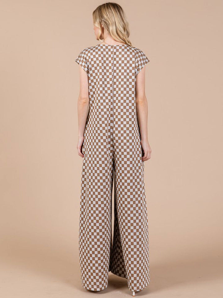 WOMEN'S SHORT SLEEVE FRONT POCKETS CHECKER PRINT WIDE LEG JUMPSUIT