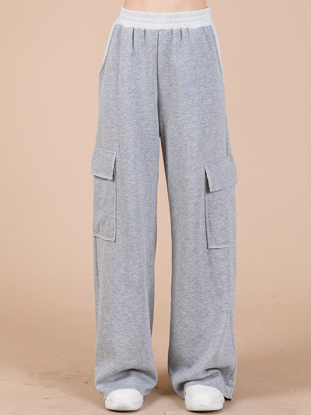 WOMEN'S ELASTIC WAIST CARGO POCKETS WIDE LEG PANTS