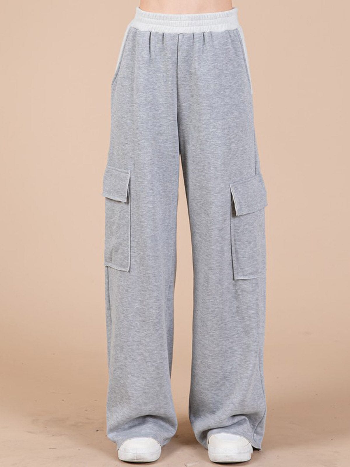 WOMEN'S ELASTIC WAIST CARGO POCKETS WIDE LEG PANTS