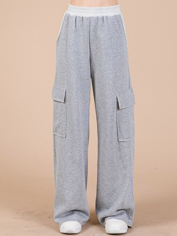WOMEN'S ELASTIC WAIST CARGO POCKETS WIDE LEG PANTS