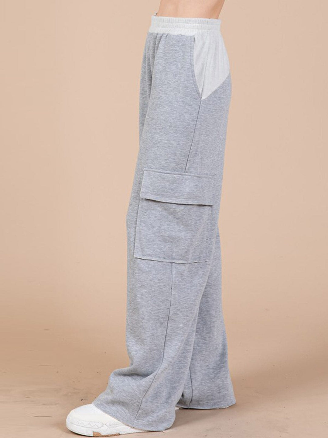 WOMEN'S ELASTIC WAIST CARGO POCKETS WIDE LEG PANTS