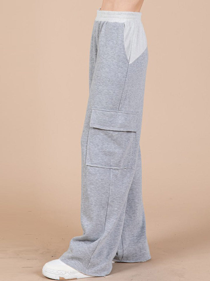 WOMEN'S ELASTIC WAIST CARGO POCKETS WIDE LEG PANTS
