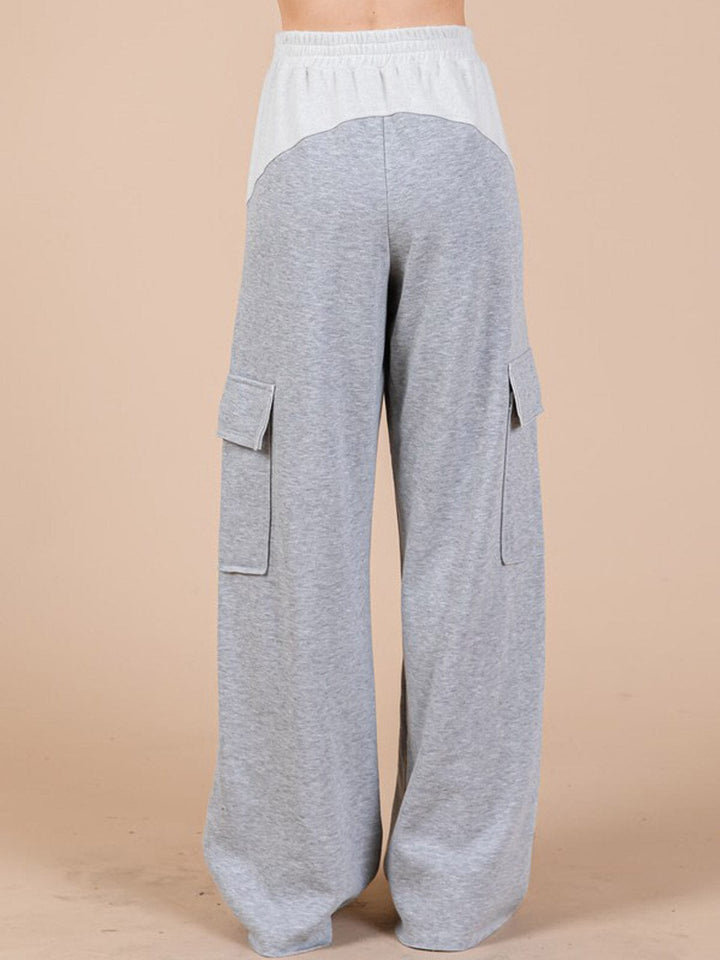 WOMEN'S ELASTIC WAIST CARGO POCKETS WIDE LEG PANTS