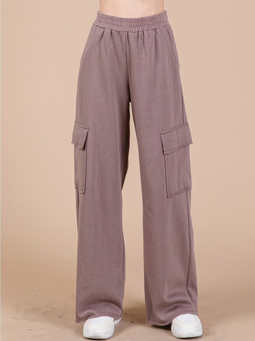 WOMEN'S ELASTIC WAIST CARGO POCKETS WIDE LEG PANTS