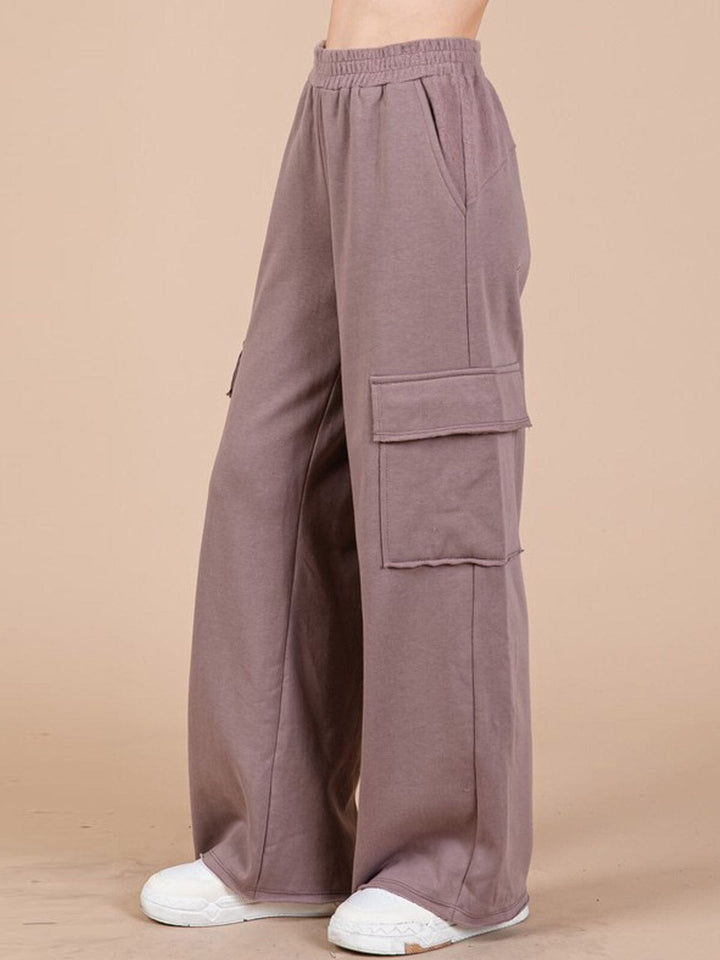 WOMEN'S ELASTIC WAIST CARGO POCKETS WIDE LEG PANTS