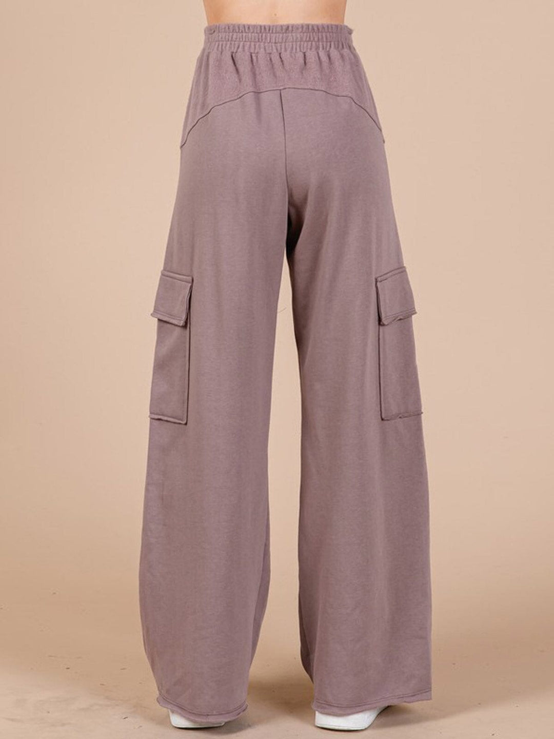 WOMEN'S ELASTIC WAIST CARGO POCKETS WIDE LEG PANTS