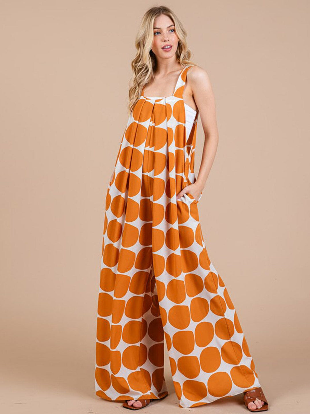 WOMEN'S SLEEVELESS FRONT POCKET SQUARE NECK PALAZZO PRINTED JUMPSUIT