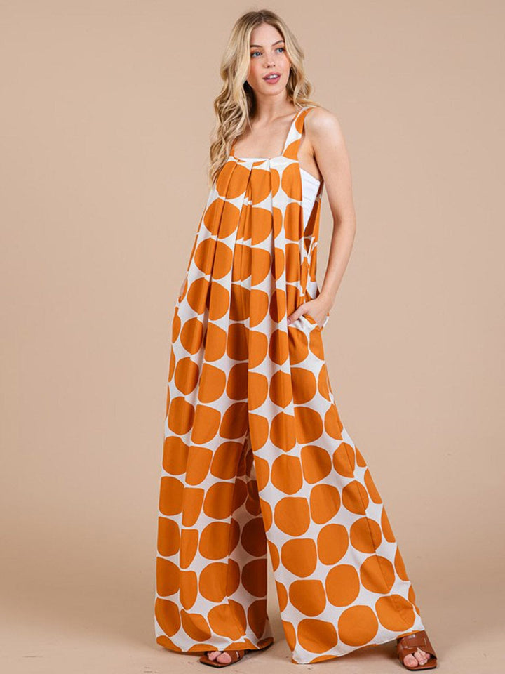 WOMEN'S SLEEVELESS FRONT POCKET SQUARE NECK PALAZZO PRINTED JUMPSUIT