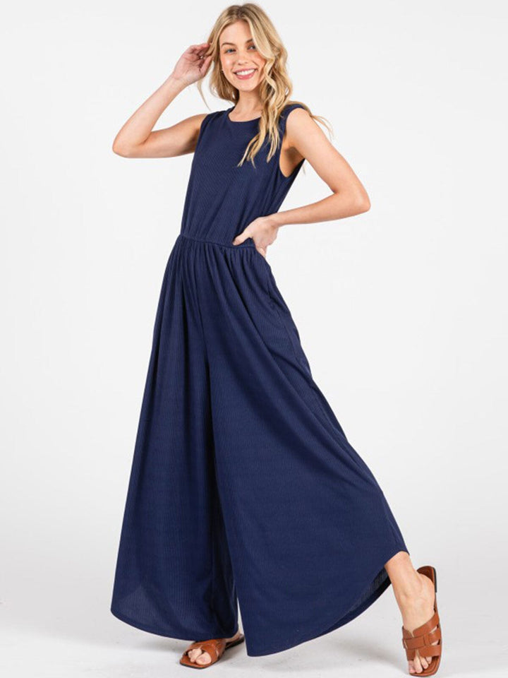 WOMEN'S SLEEVELESS FRONT POCKET RIBBED WIDE LEG JUMPSUIT