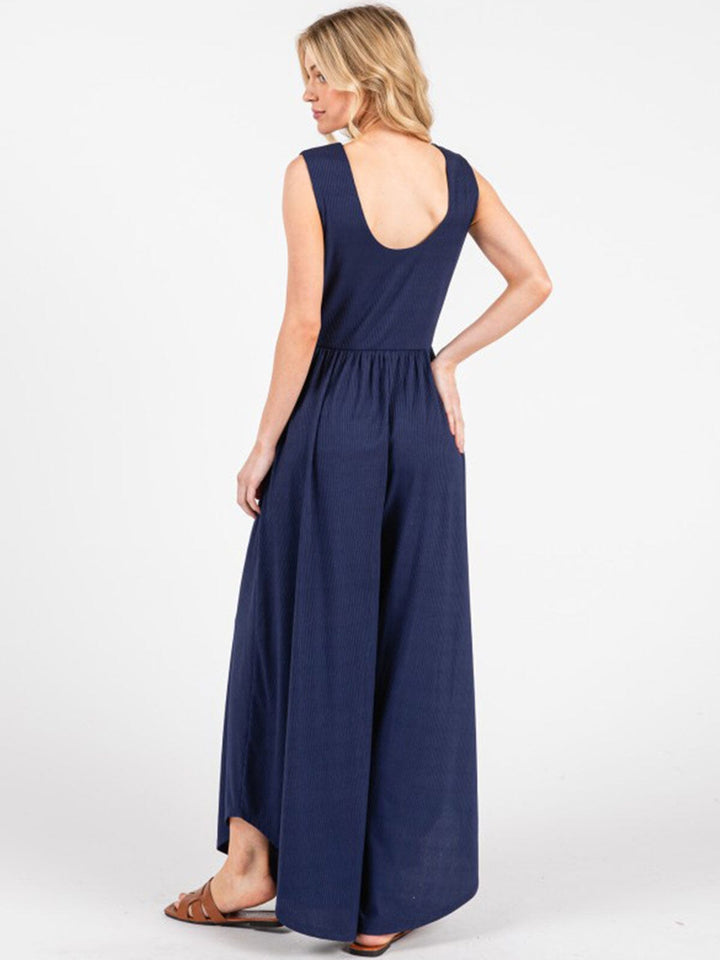 WOMEN'S SLEEVELESS FRONT POCKET RIBBED WIDE LEG JUMPSUIT
