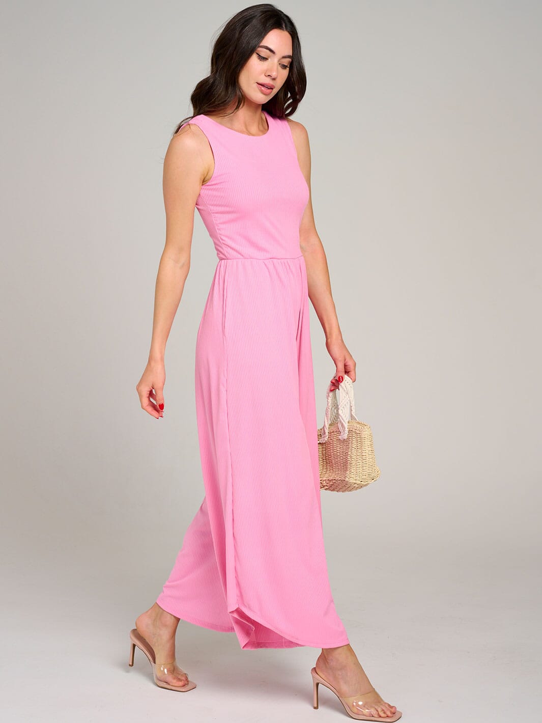 WOMEN'S SLEEVELESS FRONT POCKET RIBBED WIDE LEG JUMPSUIT