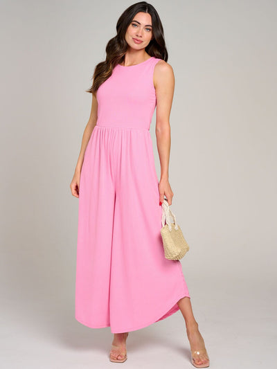WOMEN'S SLEEVELESS FRONT POCKET RIBBED WIDE LEG JUMPSUIT