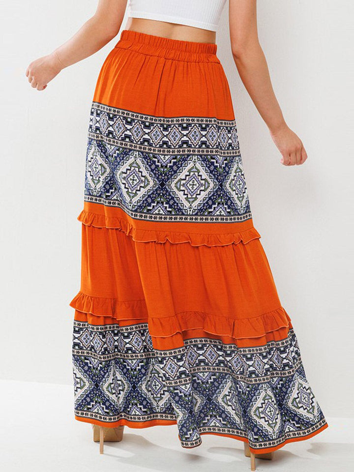 WOMEN'S ELASTIC WAIST TIERED MULTI PRINT MAXI SKIRT