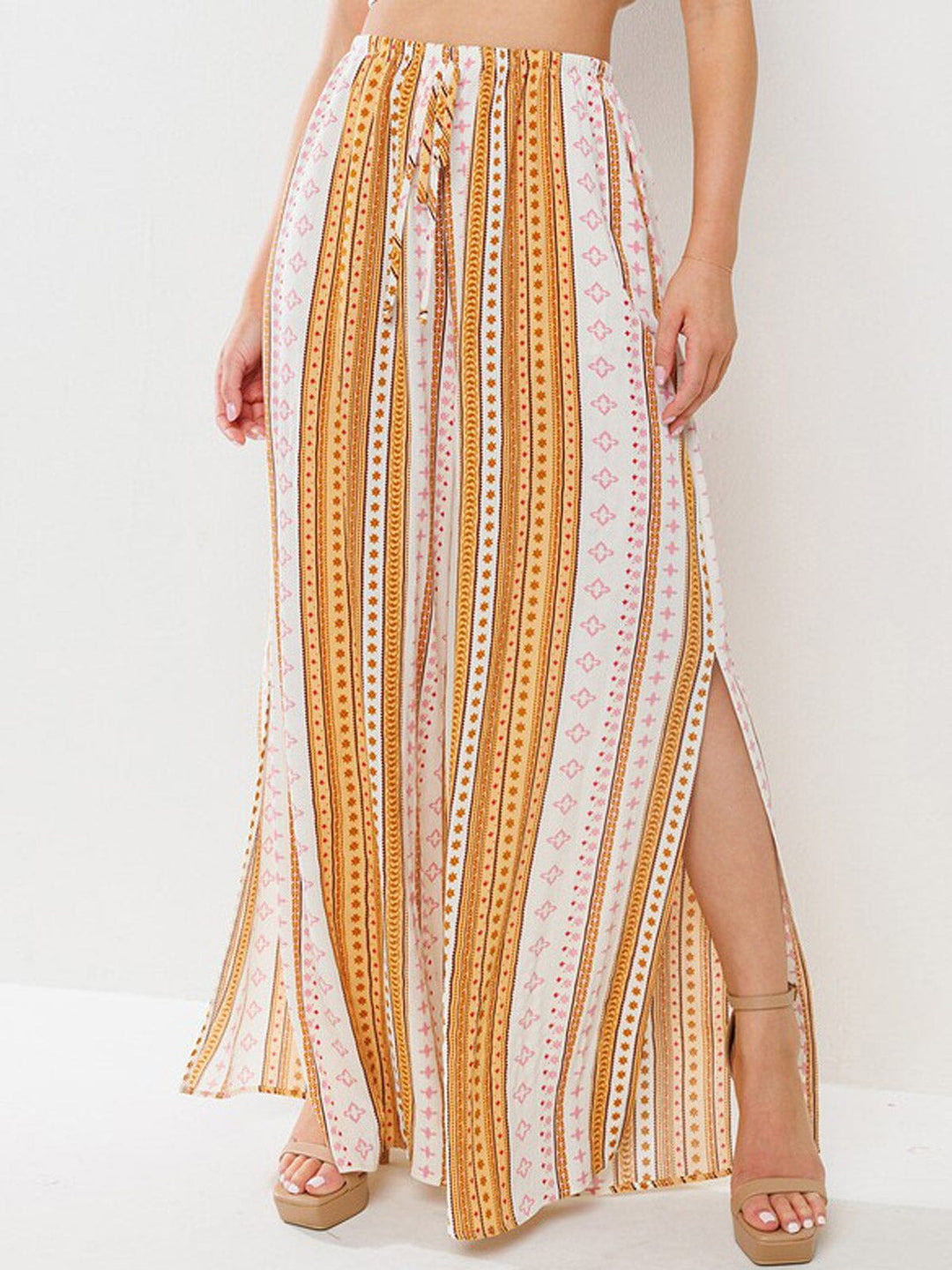 WOMEN'S ELASTIC WAIST SELF TIE POCKETS SLIT WIDE LEG MULTI PRINT PANTS