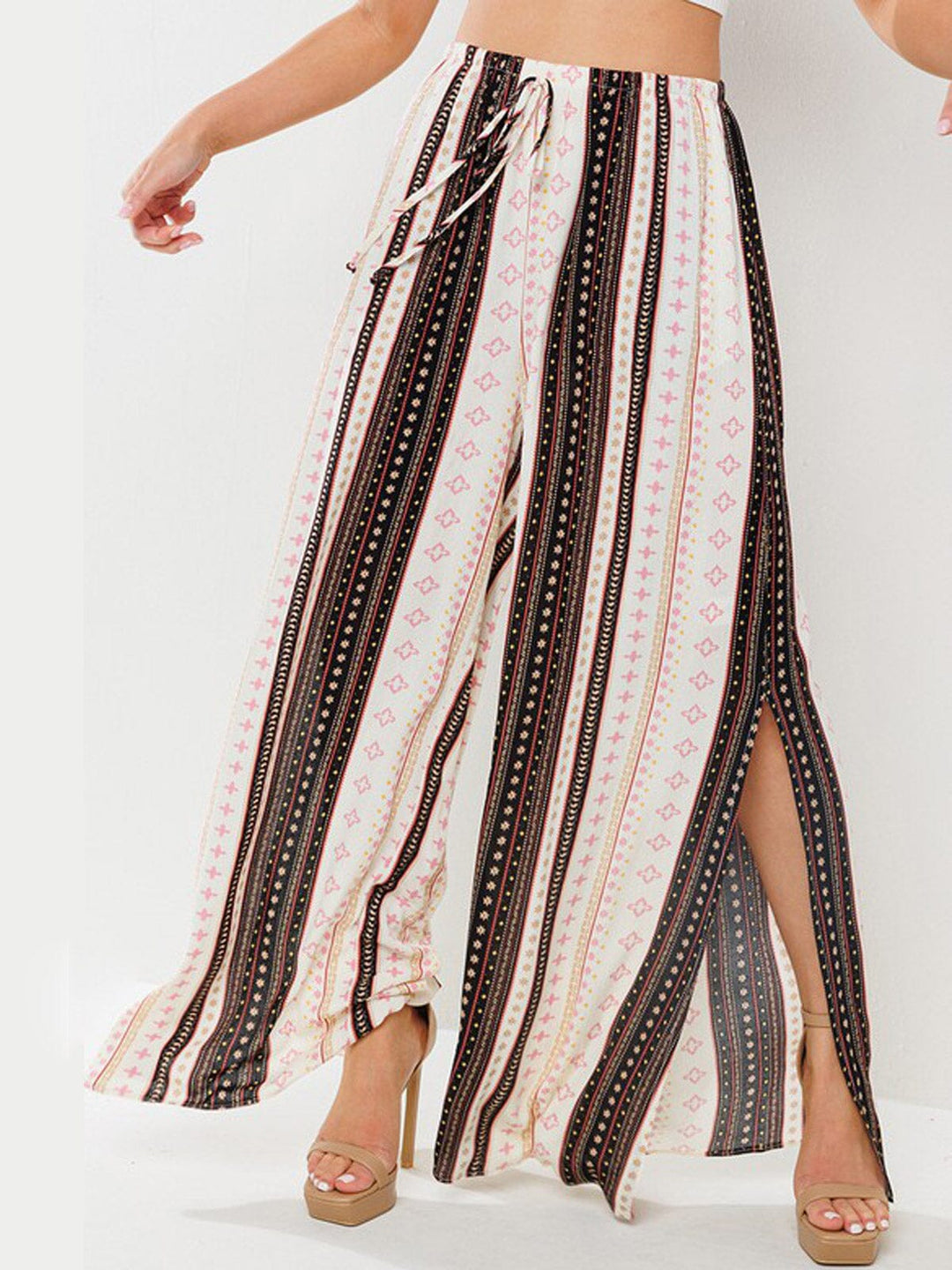 WOMEN'S ELASTIC WAIST SELF TIE POCKETS SLIT WIDE LEG MULTI PRINT PANTS