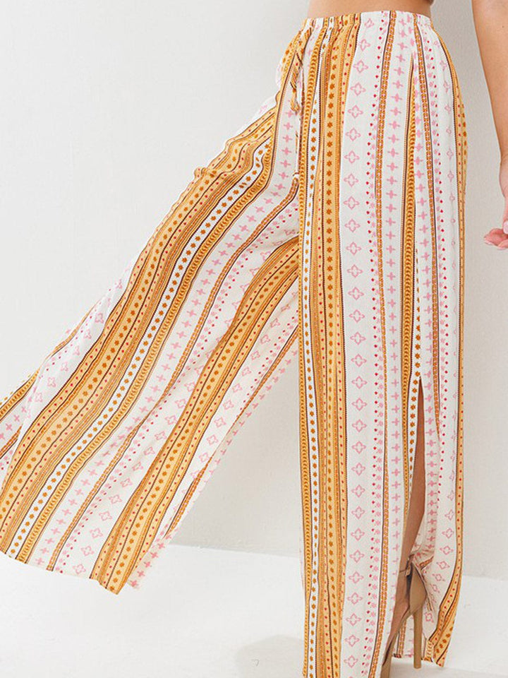 WOMEN'S ELASTIC WAIST SELF TIE POCKETS SLIT WIDE LEG MULTI PRINT PANTS