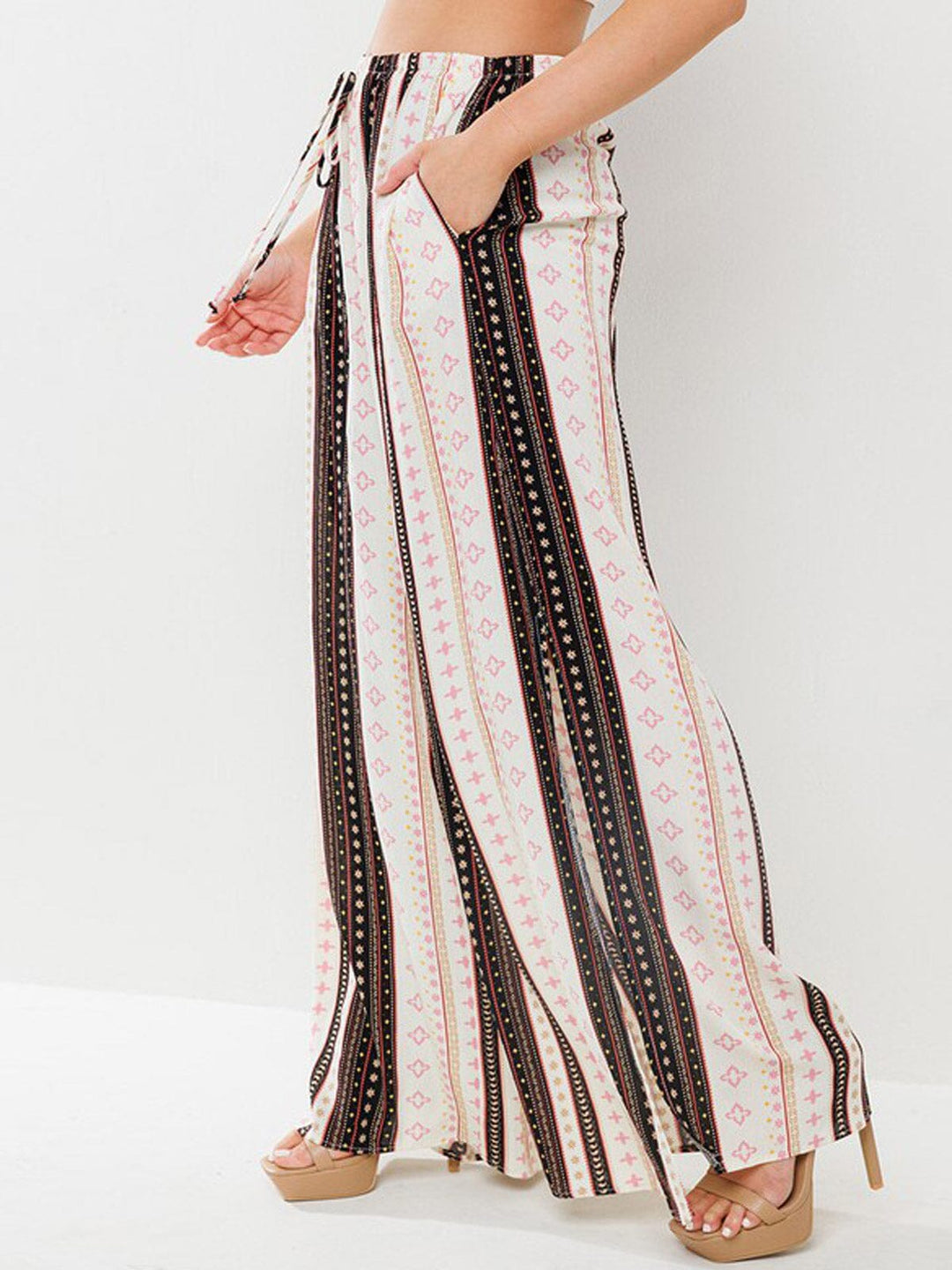WOMEN'S ELASTIC WAIST SELF TIE POCKETS SLIT WIDE LEG MULTI PRINT PANTS