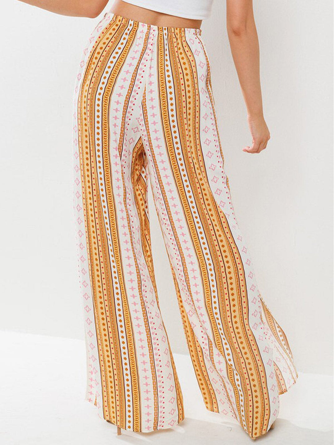 WOMEN'S ELASTIC WAIST SELF TIE POCKETS SLIT WIDE LEG MULTI PRINT PANTS