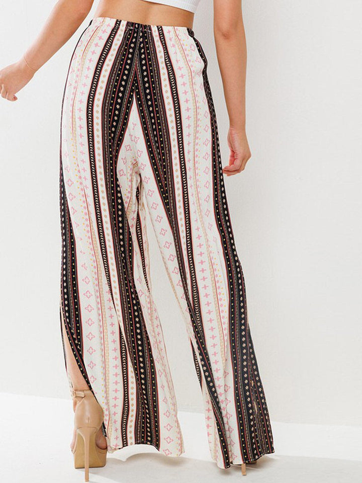 WOMEN'S ELASTIC WAIST SELF TIE POCKETS SLIT WIDE LEG MULTI PRINT PANTS
