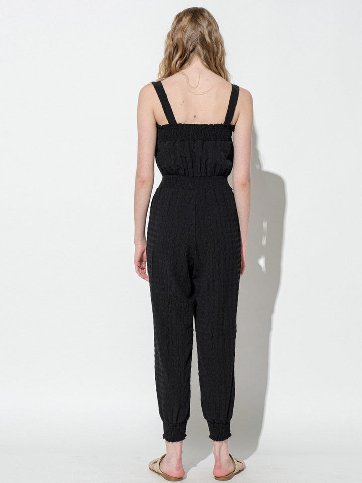 WOMEN'S SLEEVELESS SMOCK WAIST POCKETS JUMPSUIT