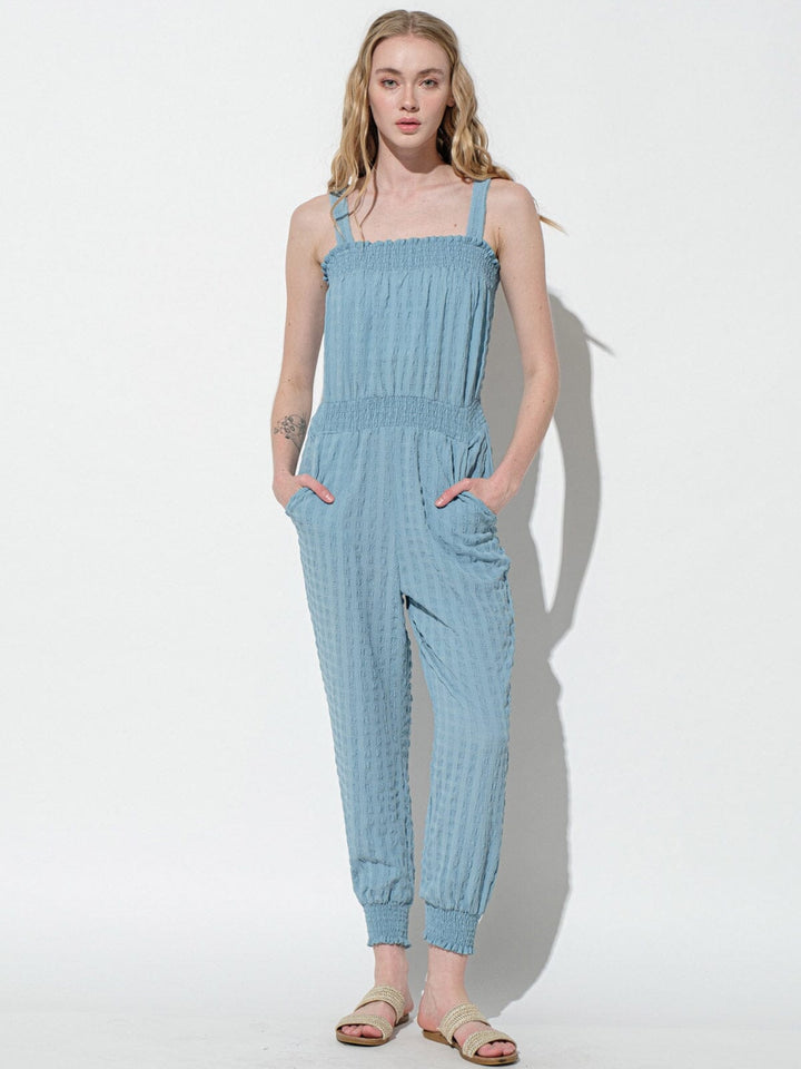 WOMEN'S SLEEVELESS SMOCK WAIST POCKETS JUMPSUIT