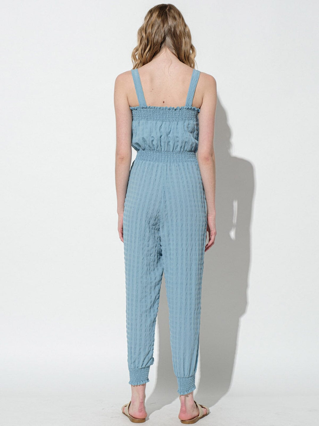 WOMEN'S SLEEVELESS SMOCK WAIST POCKETS JUMPSUIT