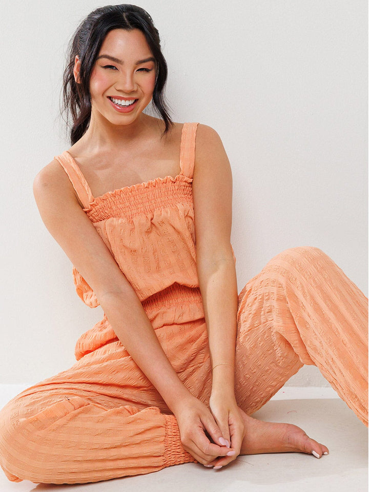 WOMEN'S SLEEVELESS SMOCK WAIST POCKETS JUMPSUIT