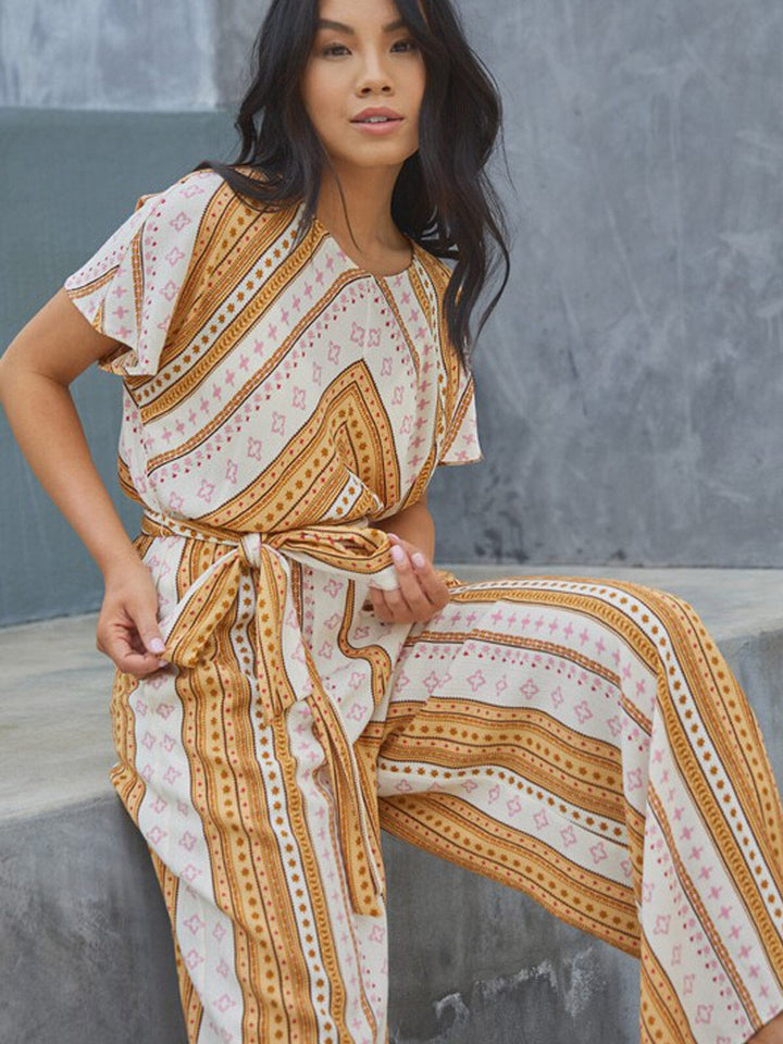 WOMEN'S SHORT SLEEVE FRONT POCKETS MULTI PRINT WIDE LEG JUMPSUIT