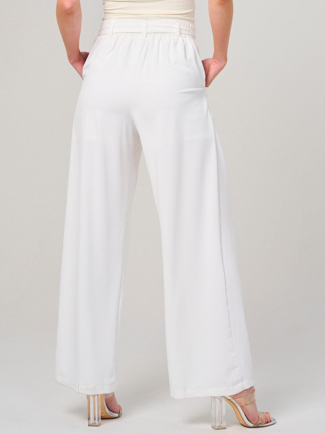 WOMEN'S ELASTIC WAIST SELF TIE FRONT POCKETS WIDE LEG PANTS