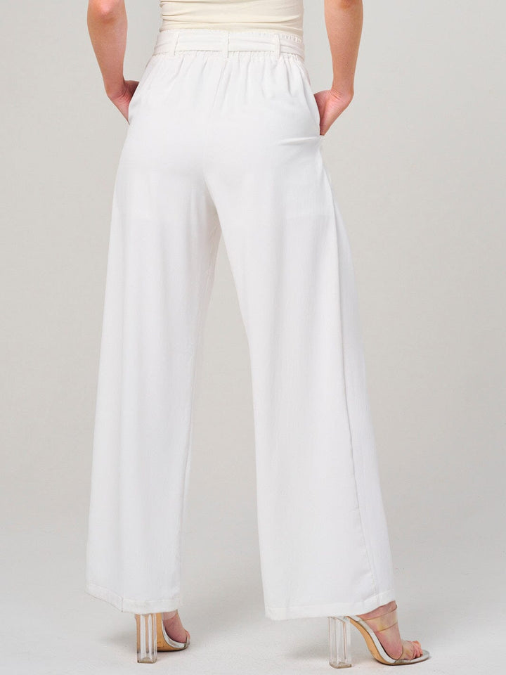 WOMEN'S ELASTIC WAIST SELF TIE FRONT POCKETS WIDE LEG PANTS