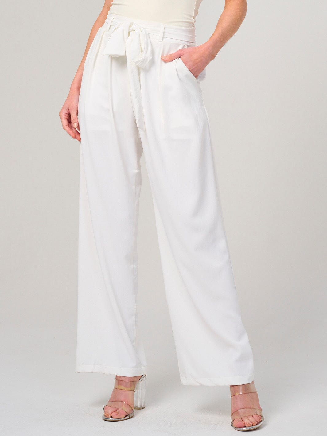 WOMEN'S ELASTIC WAIST SELF TIE FRONT POCKETS WIDE LEG PANTS