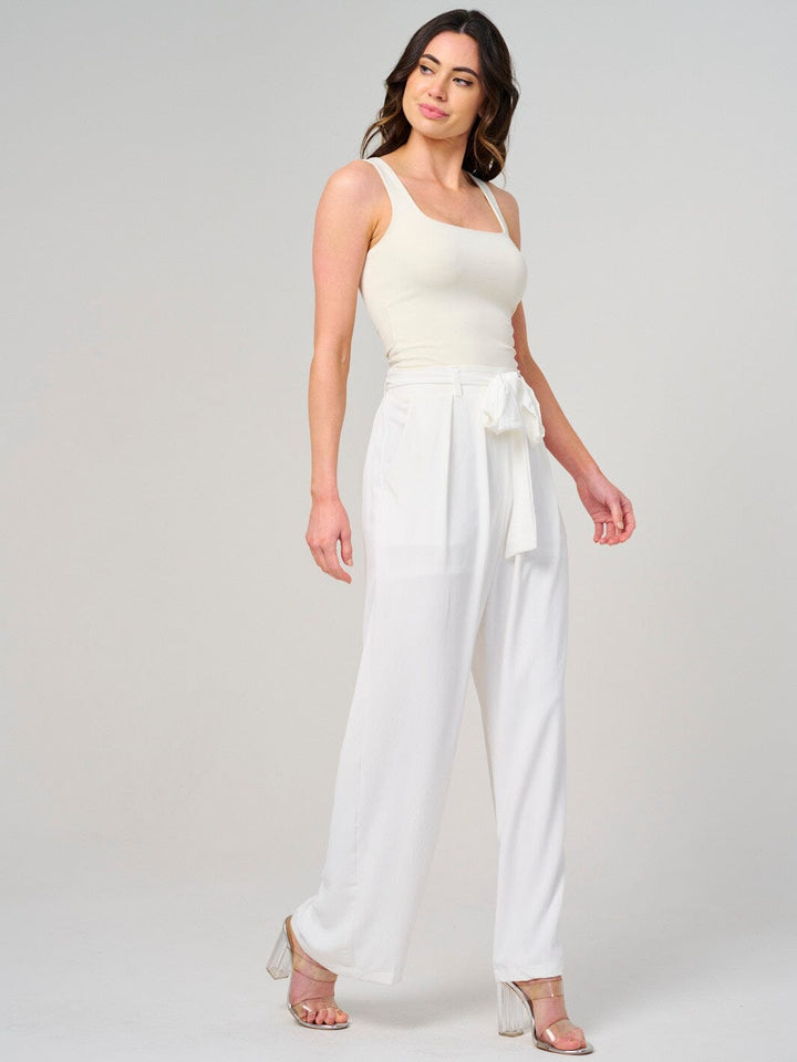 WOMEN'S ELASTIC WAIST SELF TIE FRONT POCKETS WIDE LEG PANTS