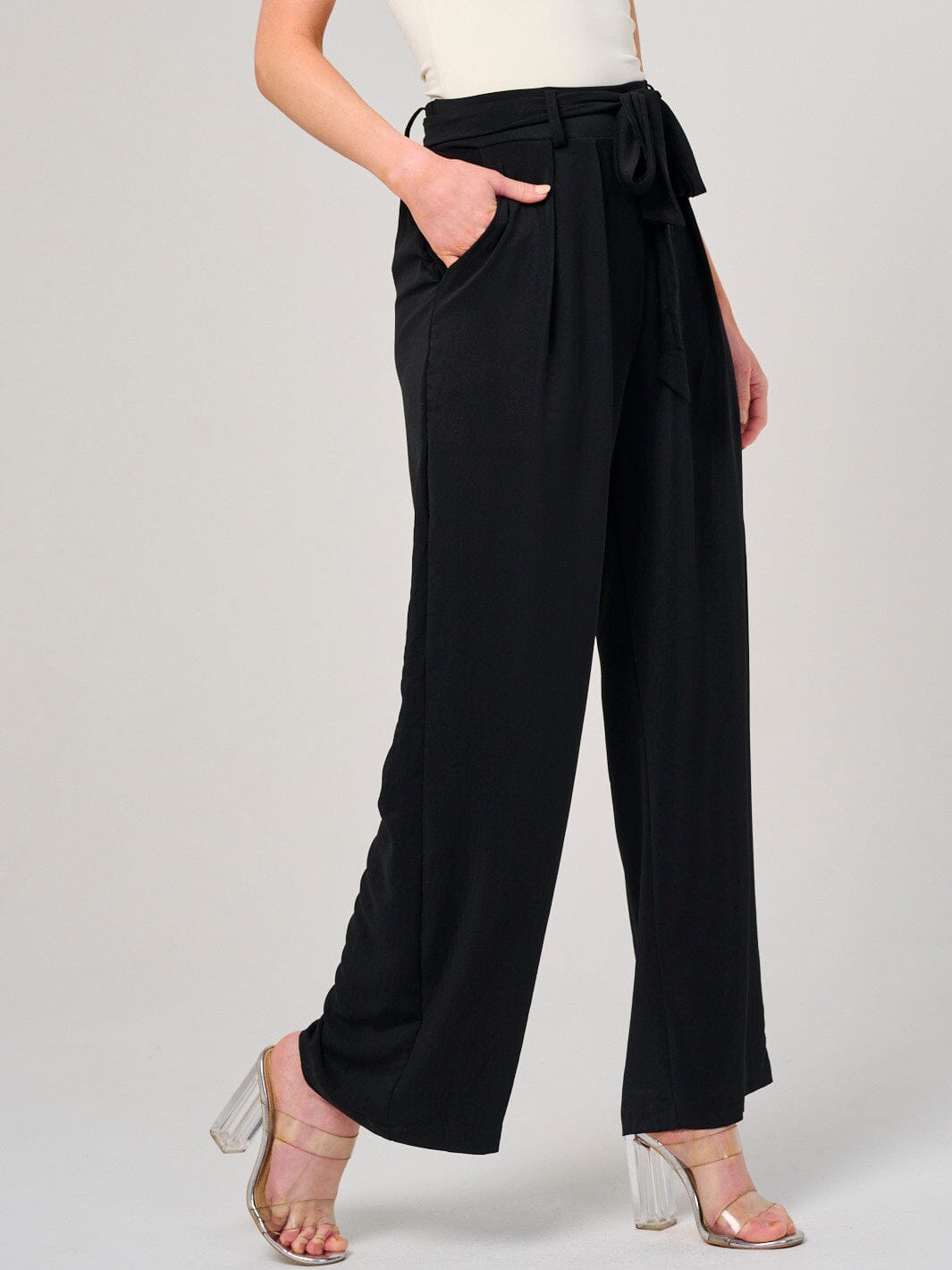 WOMEN'S ELASTIC WAIST SELF TIE FRONT POCKETS WIDE LEG PANTS