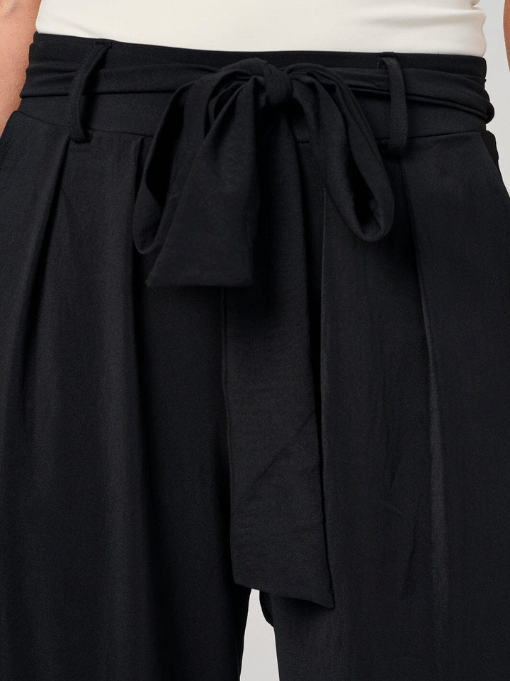 WOMEN'S ELASTIC WAIST SELF TIE FRONT POCKETS WIDE LEG PANTS