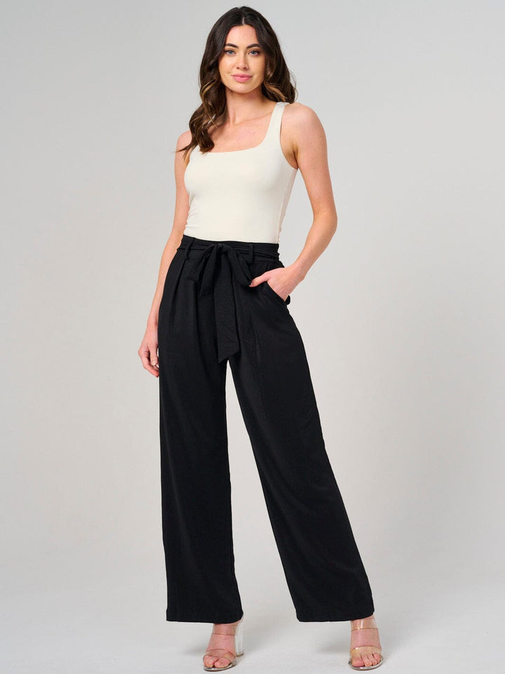 WOMEN'S ELASTIC WAIST SELF TIE FRONT POCKETS WIDE LEG PANTS