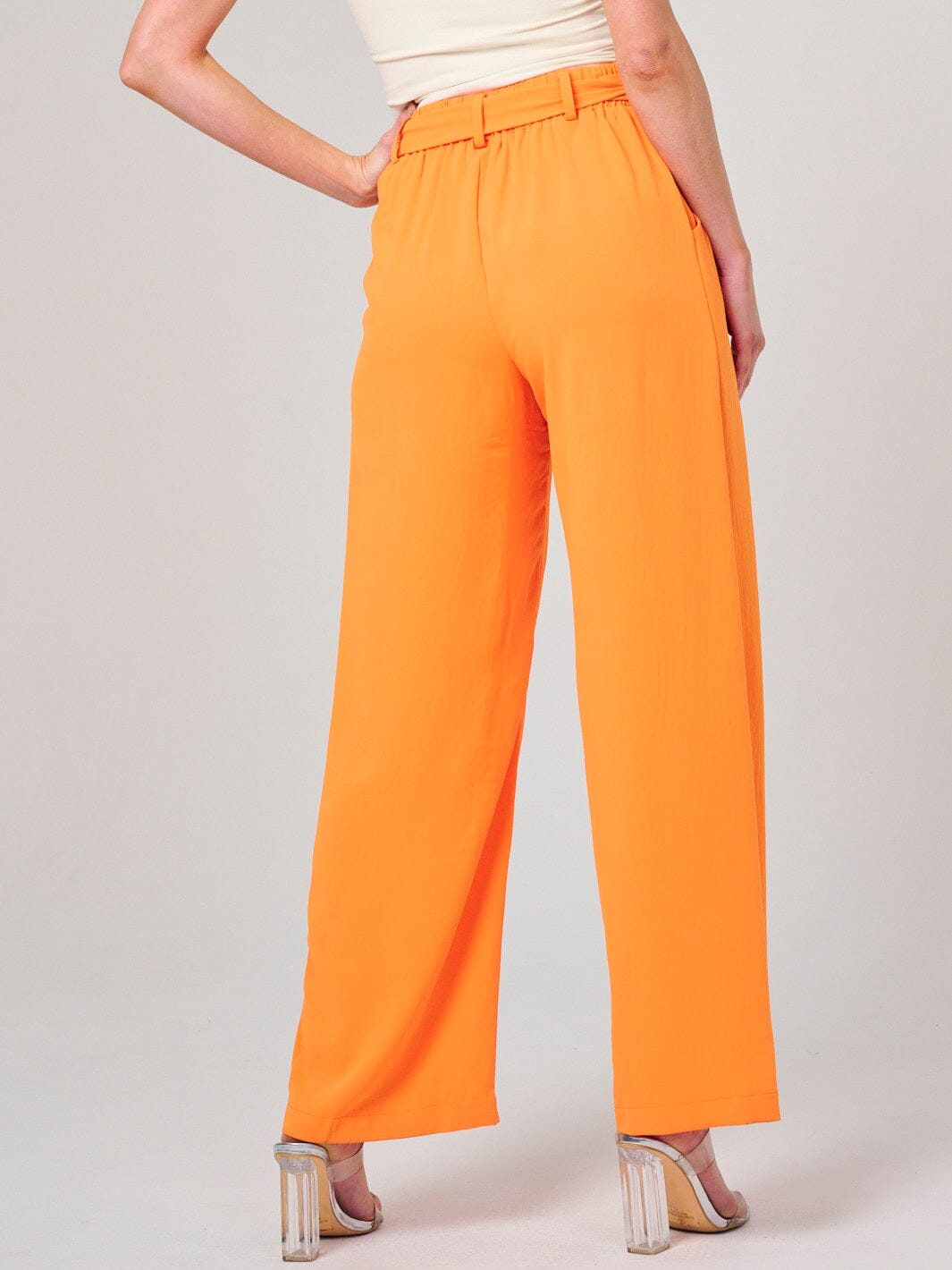 WOMEN'S ELASTIC WAIST SELF TIE FRONT POCKETS WIDE LEG PANTS
