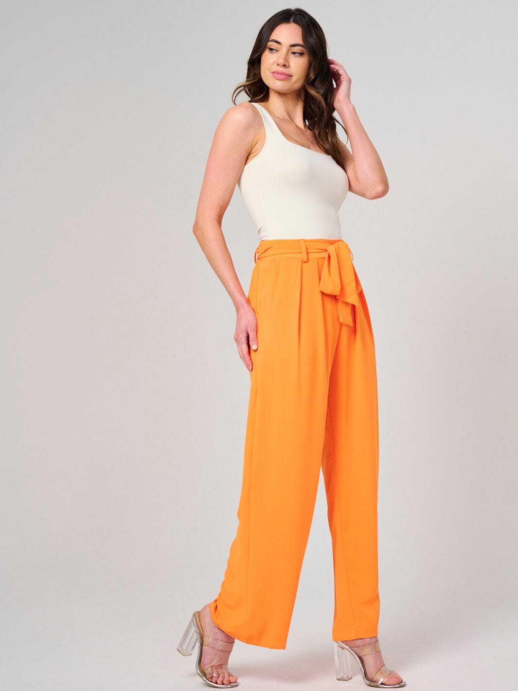WOMEN'S ELASTIC WAIST SELF TIE FRONT POCKETS WIDE LEG PANTS