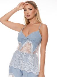 WOMEN'S SLEEVELESS V-NECK DENIM LACE TANK TOP