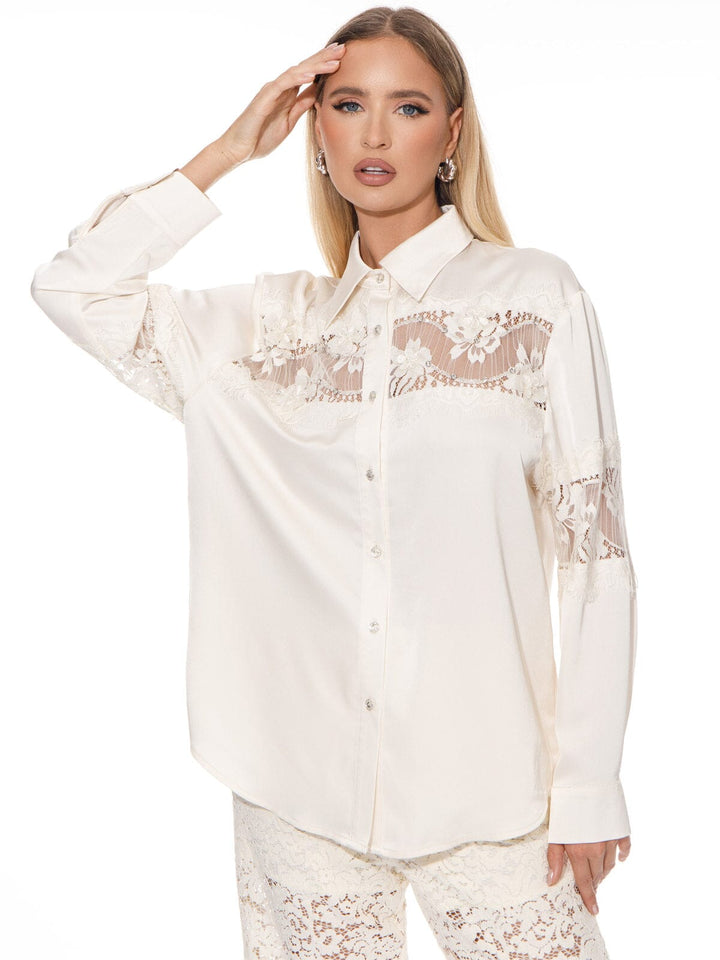 WOMEN'S LONG SLEEVE BUTTON UP LACE SATIN BLOUSE