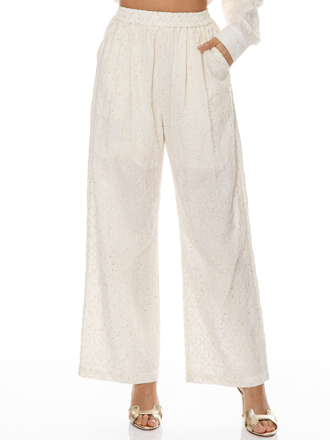 WOMEN'S ELASTIC WAIST FRONT POCKETS WIDE LEG DETAILED PANTS