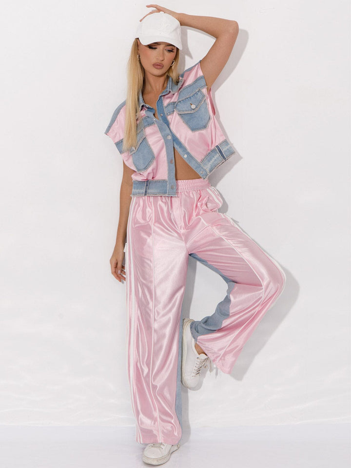 WOMEN'S SLEEVELESS TOP & ELASTIC WAIST PANTS DENIM SATIN 2PC. SET